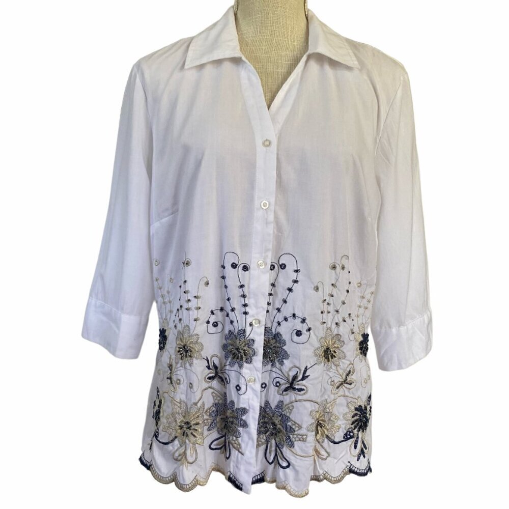 FDJ French Dressing Jeans White Embroidered Shirt Sz 8​​​​​​​​​​